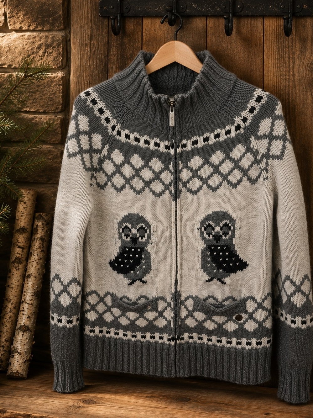 Kismet Owl Fair Isle Wool Blend Zip Cardigan Sweater M